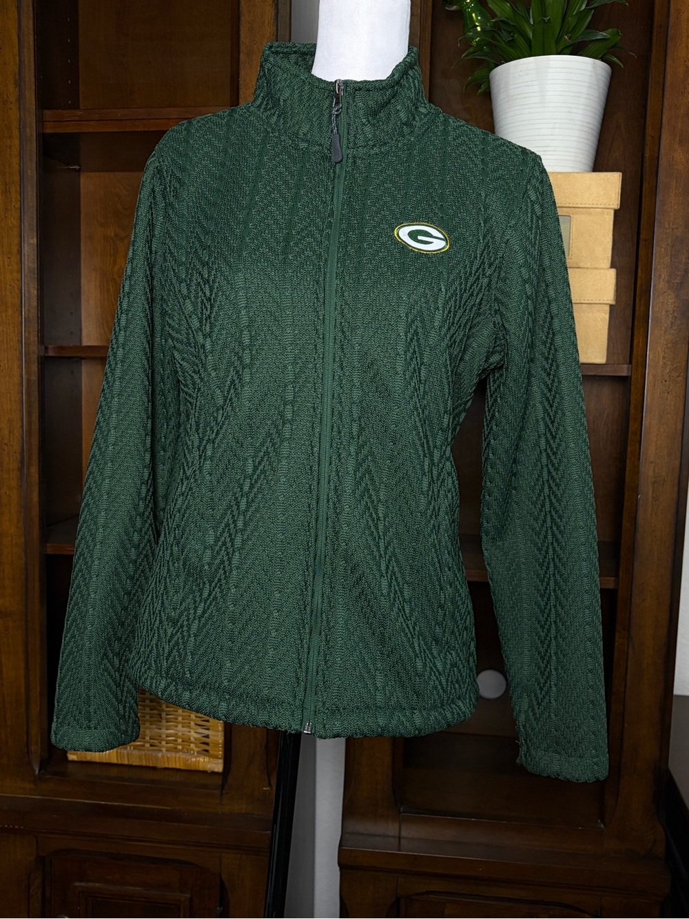 NFL Green Bay Packers Textured Full Zip Pockets Jacket Womens L Fleece Mock Neck - Picture 2 of 13